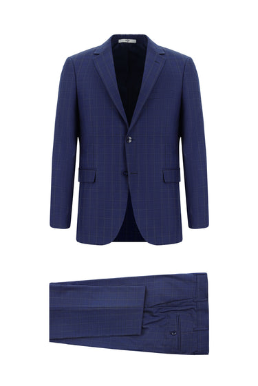 Orta Lacivert Regular Fit Klasik Ekose Takım Elbise