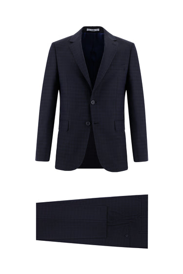 Orta Lacivert Slim Fit Dar Kesim Klasik Ekose Takım Elbise