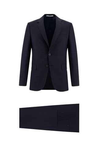 Orta Lacivert 7 Drop Slim Fit Dar Kesim Ekose Takım Elbise