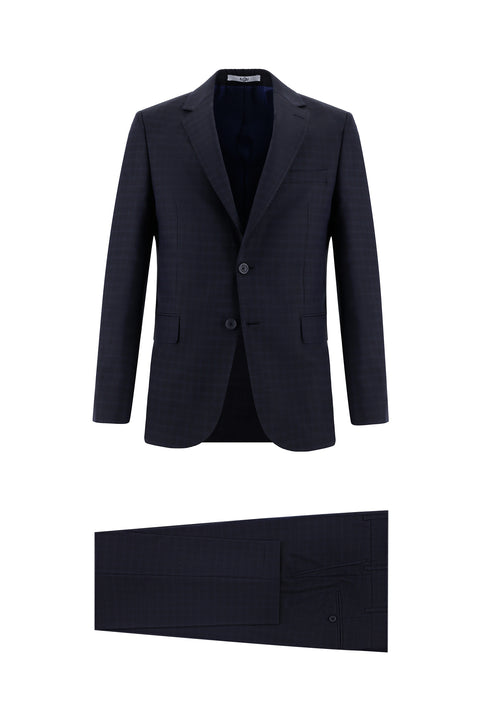 Orta Lacivert 7 Drop Slim Fit Dar Kesim Ekose Takım Elbise