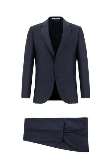 Koyu Lacivert Slim Fit Dar Kesim Klasik Ekose Takım Elbise