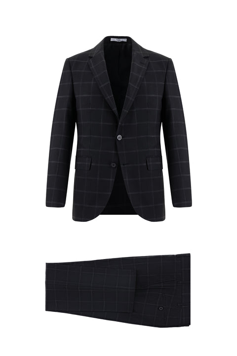 Siyah 7 Drop Slim Fit Dar Kesim Ekose Takım Elbise