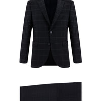 Koyu Lacivert Slim Fit Dar Kesim Klasik Ekose Takım Elbise