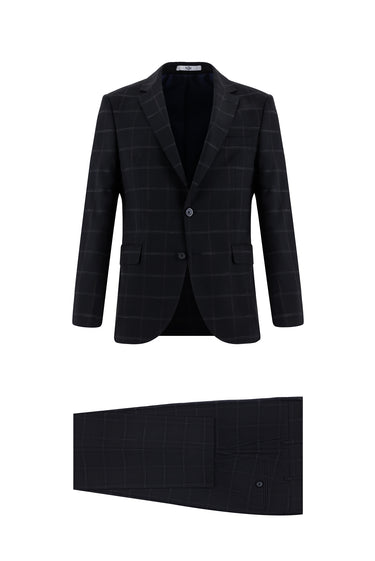 Koyu Lacivert Slim Fit Dar Kesim Klasik Ekose Takım Elbise