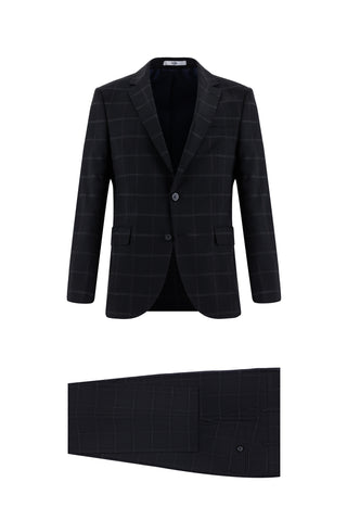 Koyu Lacivert 7 Drop Slim Fit Dar Kesim Ekose Takım Elbise