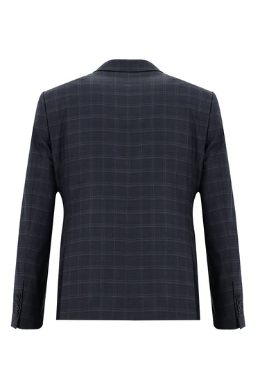 Orta Lacivert Slim Fit Dar Kesim Ekose Takım Elbise