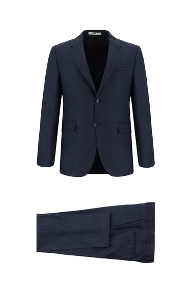 Koyu Lacivert Slim Fit Dar Kesim Klasik Ekose Takım Elbise