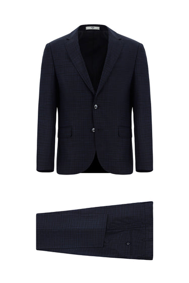 Koyu Lacivert Slim Fit Dar Kesim Klasik Ekose Takım Elbise
