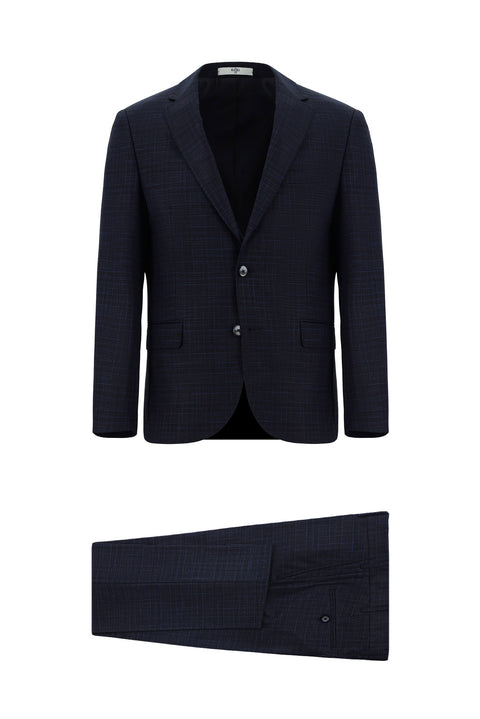 Koyu Lacivert 7 Drop Slim Fit Dar Kesim Ekose Takım Elbise