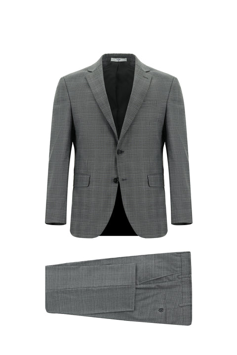 Koyu Füme 7 Drop Slim Fit Dar Kesim Ekose Takım Elbise