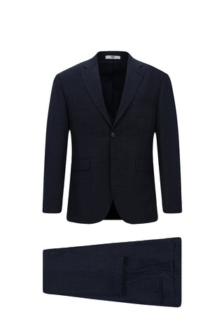 Koyu Lacivert 4 Drop Relaxed Fit Rahat Kesim Ekose Beli Lastikli Takım Elbise