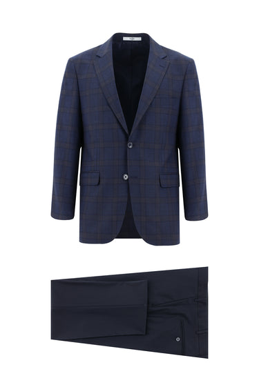 Koyu Lacivert Relaxed Fit Rahat Kesim Ekose Kombinli Takım Elbise
