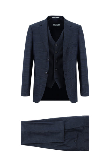 Koyu Lacivert Slim Fit Dar Kesim Ekose Yelekli Kombinli Takım Elbise