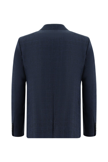 Koyu Lacivert Slim Fit Dar Kesim Ekose Yelekli Kombinli Takım Elbise