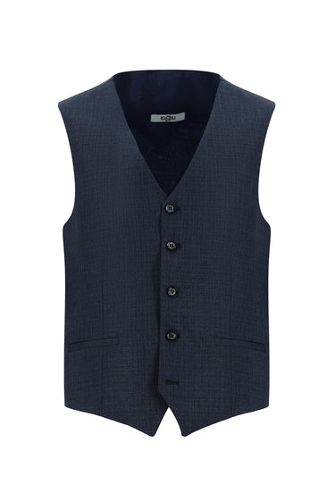 Koyu Lacivert Slim Fit Dar Kesim Ekose Yelekli Kombinli Takım Elbise