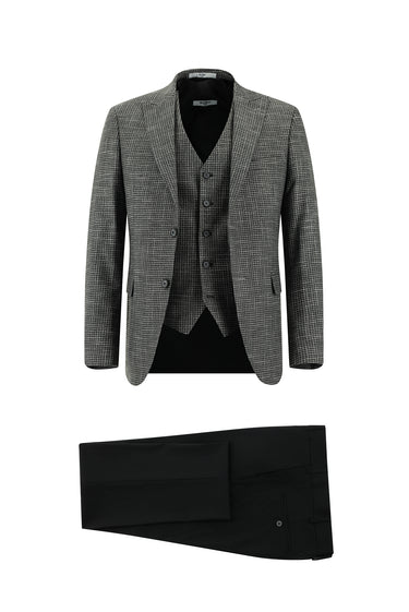 Koyu Füme Slim Fit Dar Kesim Ekose Yelekli Kombinli Takım Elbise