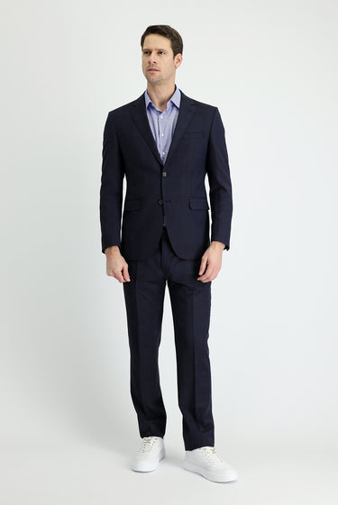 Koyu Lacivert Slim Fit Dar Kesim Yünlü Klasik Takım Elbise