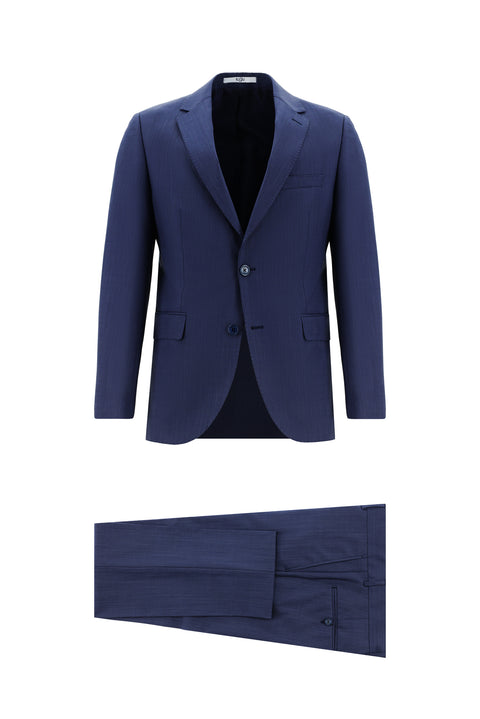 Açık Lacivert 7 Drop Slim Fit Dar Kesim Yünlü Ekose Takım Elbise