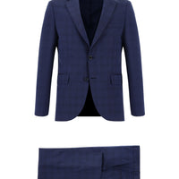 Orta Lacivert Slim Fit Dar Kesim Yünlü Ekose Takım Elbise