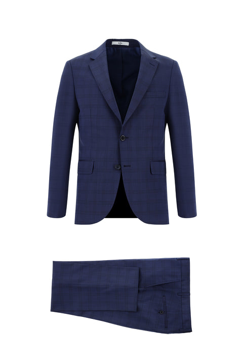 Orta Lacivert 7 Drop Slim Fit Dar Kesim Yünlü Ekose Takım Elbise