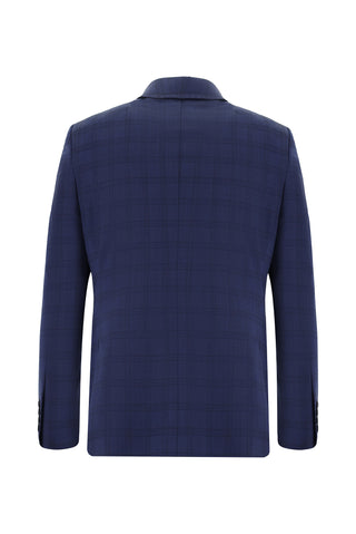 Orta Lacivert 7 Drop Slim Fit Dar Kesim Yünlü Ekose Takım Elbise