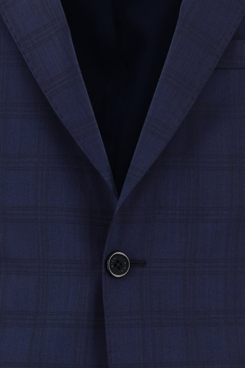 Orta Lacivert 7 Drop Slim Fit Dar Kesim Yünlü Ekose Takım Elbise
