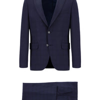 Koyu Lacivert 7 Drop Slim Fit Dar Kesim Yünlü Ekose Takım Elbise