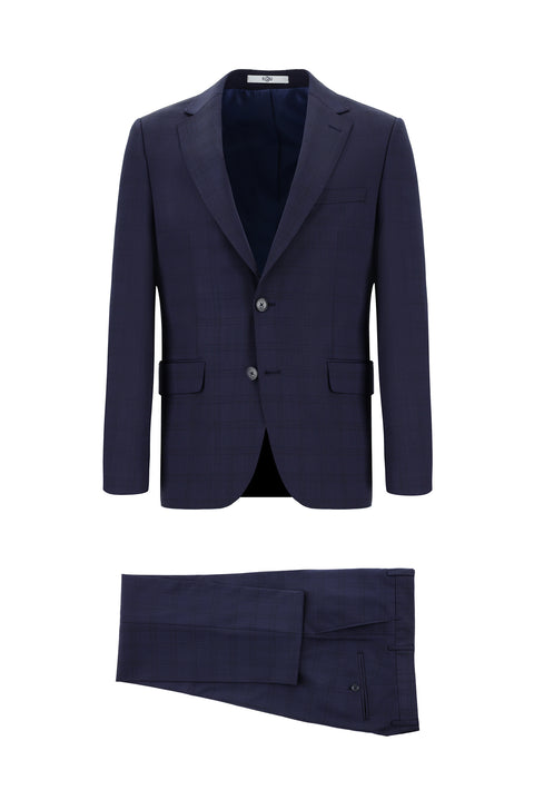 Koyu Lacivert 7 Drop Slim Fit Dar Kesim Yünlü Ekose Takım Elbise
