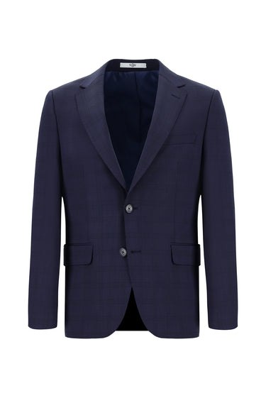 Koyu Lacivert Slim Fit Dar Kesim Yünlü Ekose Takım Elbise