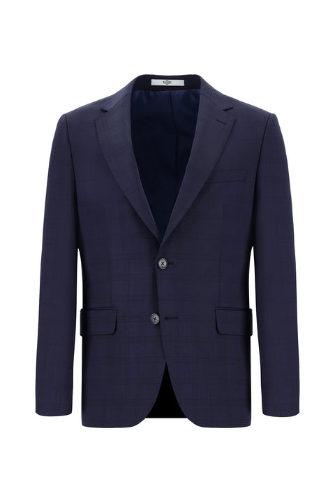 Koyu Lacivert 7 Drop Slim Fit Dar Kesim Yünlü Ekose Takım Elbise