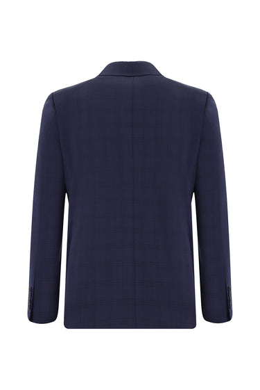 Koyu Lacivert Slim Fit Dar Kesim Yünlü Ekose Takım Elbise