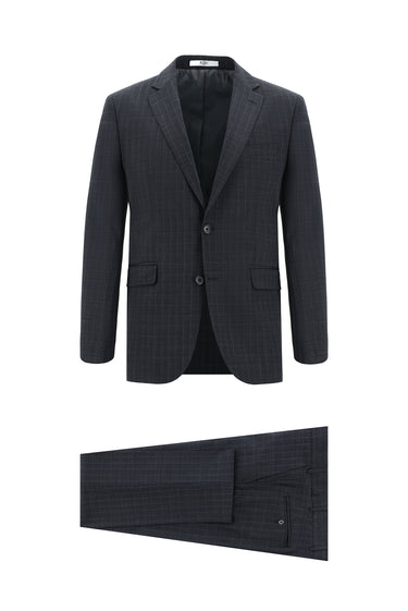 Koyu Antrasit Slim Fit Dar Kesim Yünlü Klasik Ekose Takım Elbise