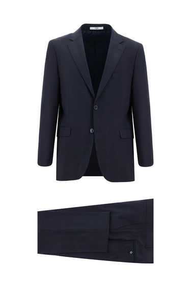 Koyu Lacivert Slim Fit Dar Kesim Yünlü Klasik Ekose Takım Elbise