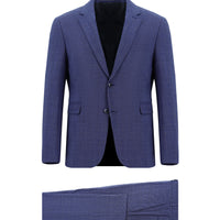 Orta Lacivert Slim Fit Dar Kesim Yünlü Ekose Gofre Takım Elbise