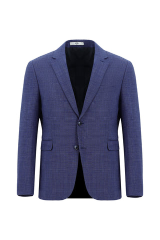 Orta Lacivert 7 Drop Slim Fit Dar Kesim Yünlü Ekose Gofre Takım Elbise