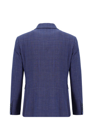 Orta Lacivert 7 Drop Slim Fit Dar Kesim Yünlü Ekose Gofre Takım Elbise
