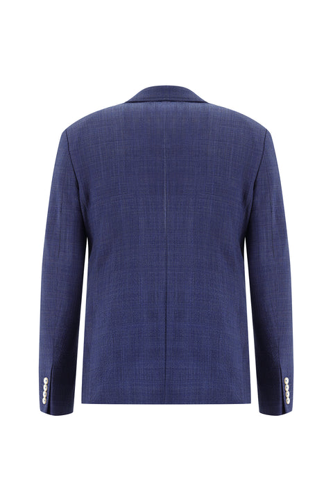 Orta Lacivert 7 Drop Super Slim Fit Eksra Dar Kesim Beli Lastikli İpli Ekose Yünlü Gofre Takım Elbise