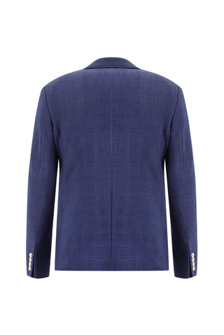 Orta Lacivert 7 Drop Super Slim Fit Eksra Dar Kesim Beli Lastikli İpli Ekose Yünlü Gofre Takım Elbise