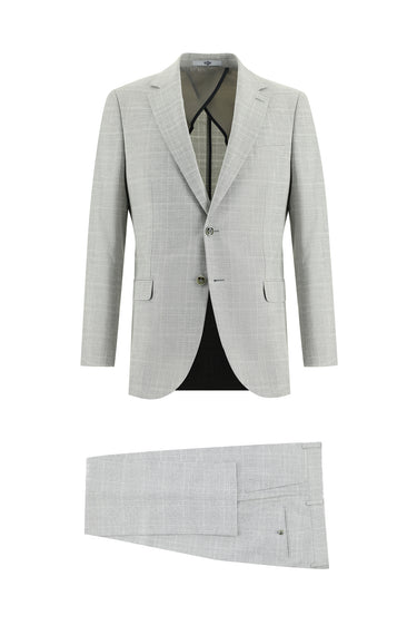 Açık Gri Regular Fit Ekose Keten Karışımlı Takım Elbise