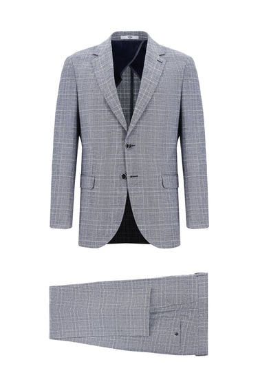 Koyu Lacivert Regular Fit Ekose Keten Karışımlı Takım Elbise