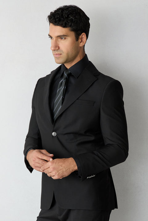 Black 6 Drop Regular Fit Notch Lapel Plain Blazer Jacket