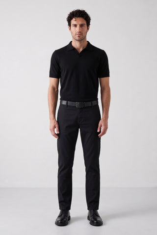 Siyah Slim Fit Dar Kesim Yan Cepli Kanvas / Chino Pantolon