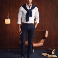 Orta Lacivert Slim Fit Dar Kesim Yan Cepli Kanvas / Chino Pantolon