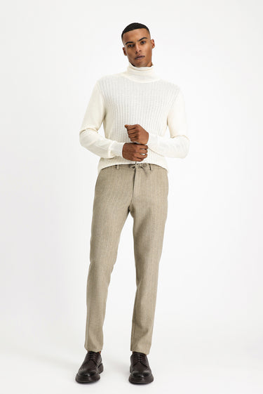 Orta Vizon Slim Fit Dar Kesim Yünlü Beli Lastikli İpli Çizgili Klasik Kumaş Pantolon