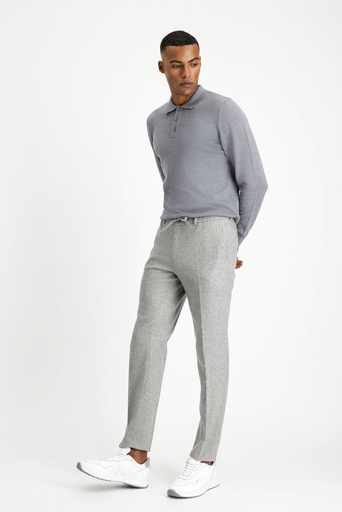 Orta Gri Melanj 7 Drop Slim Fit Dar Kesim Yünlü Beli Lastikli İpli Klasik Pantolon