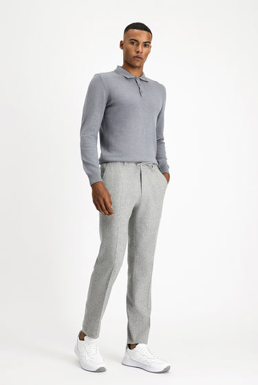 Orta Gri Melanj Slim Fit Dar Kesim Yünlü Beli Lastikli İpli Klasik Pantolon