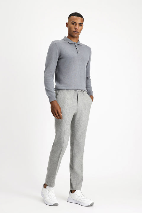 Orta Gri Melanj 7 Drop Slim Fit Dar Kesim Yünlü Beli Lastikli İpli Klasik Pantolon