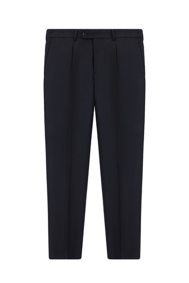 Koyu Lacivert Relaxed Fit Rahat Kesim Yünlü Pileli Flanel Klasik Kumaş Pantolon