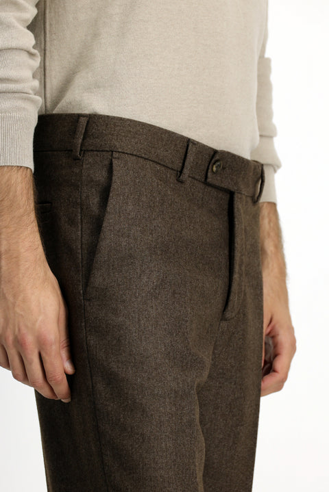 Orta Kahve 6 Drop Regular Fit Standart Kesim Yünlü Pileli Flanel Klasik Kumaş Pantolon