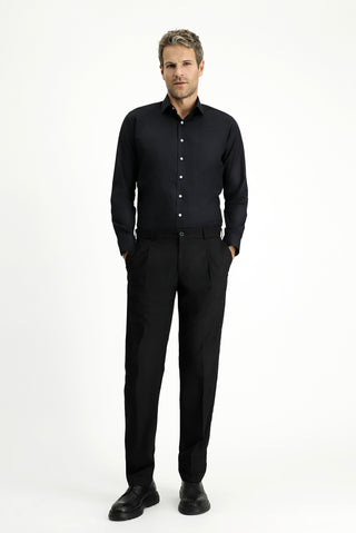 Siyah 7 Drop Slim Fit Dar Kesim Likralı Pileli Klasik Kumaş Pantolon